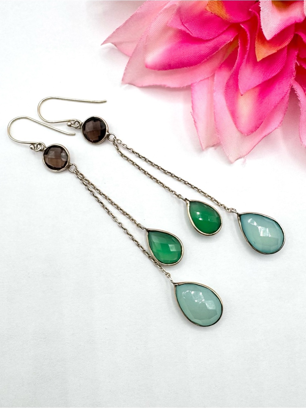 Silver Smokey Quartz Aqua Green Glass Beachy Long Dangle Earrings Boho Vacation